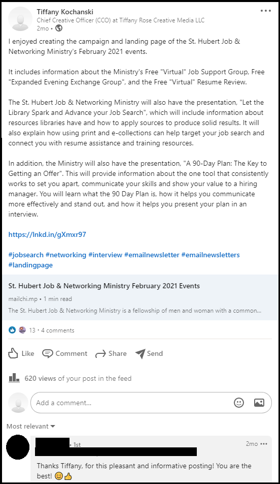 LinkedIn-post-st-hubert-job-networking-ministry-february-2021-events-tiffany-rose-creative-media